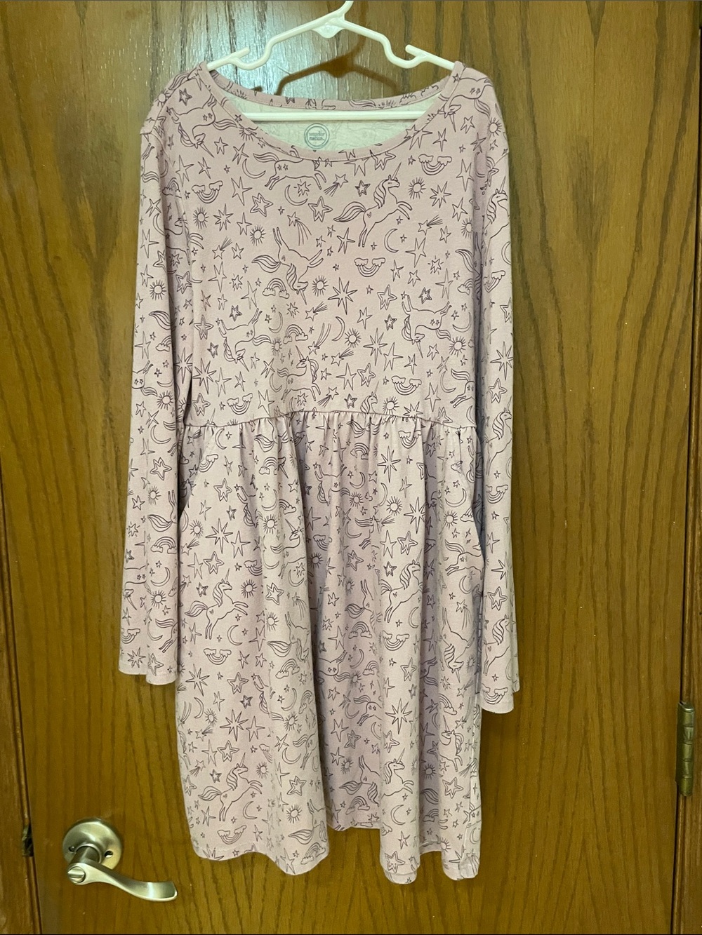 wonder nation Large (10-12) Plus Purple Unicorn Print Long Sleeve Dress Pockets